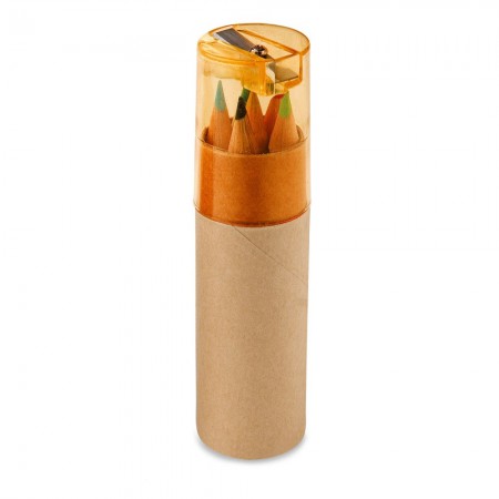 ROLS. Bleistiftbox mit 6 Buntstiften und einem Deckel mit Anspitzer